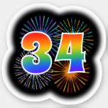 [ Thumbnail: Fun Fireworks + Rainbow Pattern "34" Event # Sticker ]