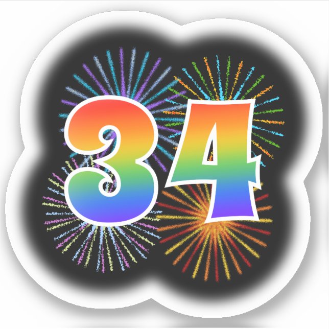 Fun Fireworks + Rainbow Pattern "34" Event # Sticker (Front)