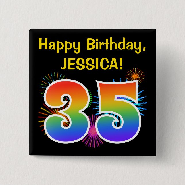 Fun Fireworks + Rainbow Pattern "35" Birthday # Button (Front)