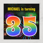 [ Thumbnail: Fun Fireworks + Rainbow Pattern "35" Birthday # Invitation ]