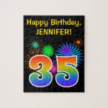 [ Thumbnail: Fun Fireworks + Rainbow Pattern "35" Birthday # Jigsaw Puzzle ]
