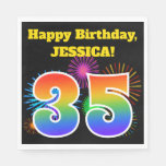 [ Thumbnail: Fun Fireworks + Rainbow Pattern "35" Birthday # Napkins ]
