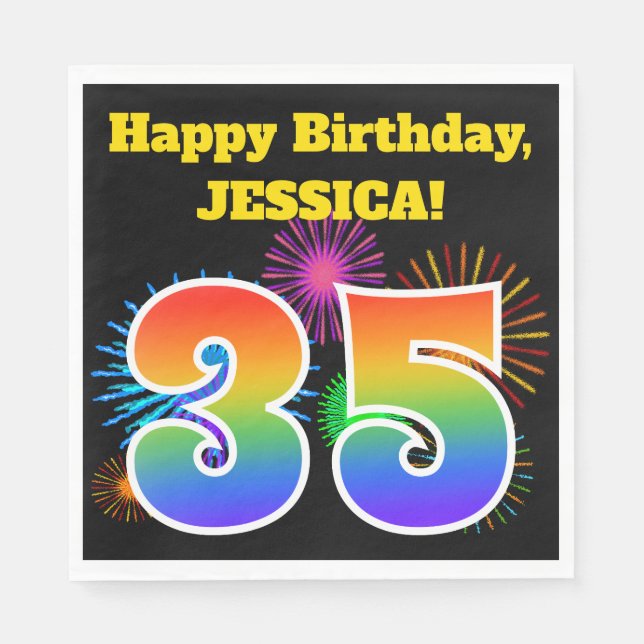 Fun Fireworks + Rainbow Pattern "35" Birthday # Napkins (Front)