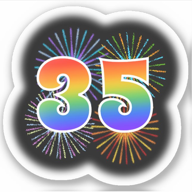 Fun Fireworks + Rainbow Pattern "35" Event # Sticker (Front)
