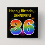 [ Thumbnail: Fun Fireworks + Rainbow Pattern "36" Birthday # Button ]