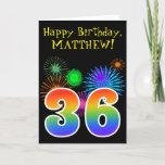 [ Thumbnail: Fun Fireworks + Rainbow Pattern "36" Birthday # Card ]