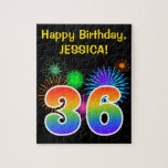 [ Thumbnail: Fun Fireworks + Rainbow Pattern "36" Birthday # Jigsaw Puzzle ]