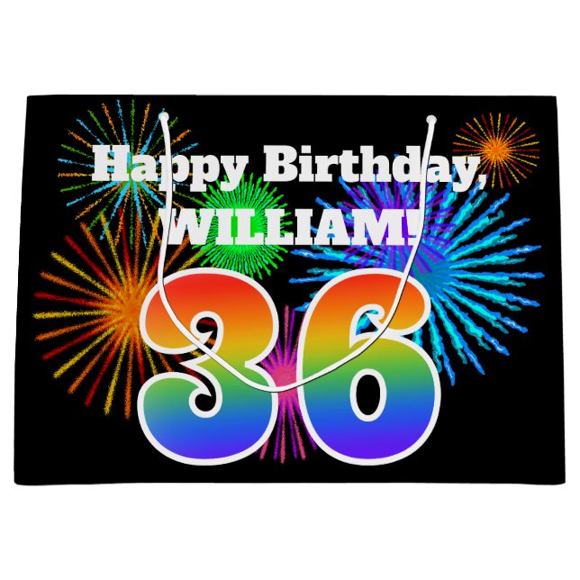Fun Fireworks + Rainbow Pattern "36" Birthday # Large Gift Bag (Front)
