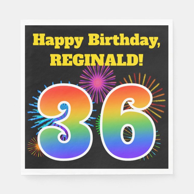 Fun Fireworks + Rainbow Pattern "36" Birthday # Napkins (Front)