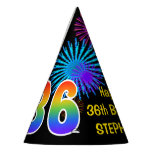 [ Thumbnail: Fun Fireworks + Rainbow Pattern "36" Birthday # Party Hat ]