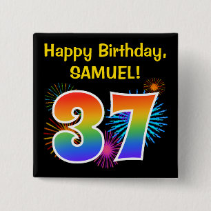 Fun Fireworks + Rainbow Pattern "37" Birthday # Button
