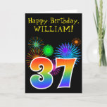[ Thumbnail: Fun Fireworks + Rainbow Pattern "37" Birthday # Card ]