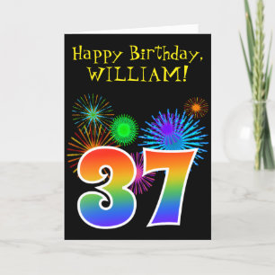 Fun Fireworks + Rainbow Pattern "37" Birthday # Card