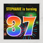 [ Thumbnail: Fun Fireworks + Rainbow Pattern "37" Birthday # Invitation ]