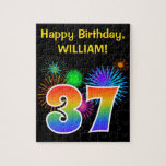 [ Thumbnail: Fun Fireworks + Rainbow Pattern "37" Birthday # Jigsaw Puzzle ]