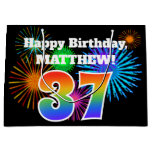 [ Thumbnail: Fun Fireworks + Rainbow Pattern "37" Birthday # Gift Bag ]