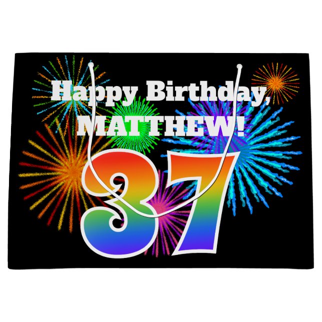 Fun Fireworks + Rainbow Pattern "37" Birthday # Large Gift Bag (Front)