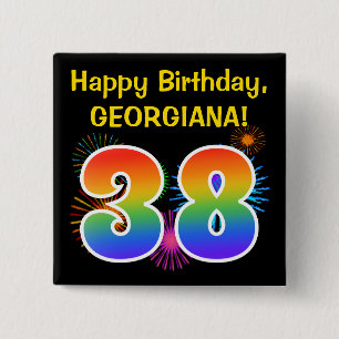 Fun Fireworks + Rainbow Pattern "38" Birthday # Button