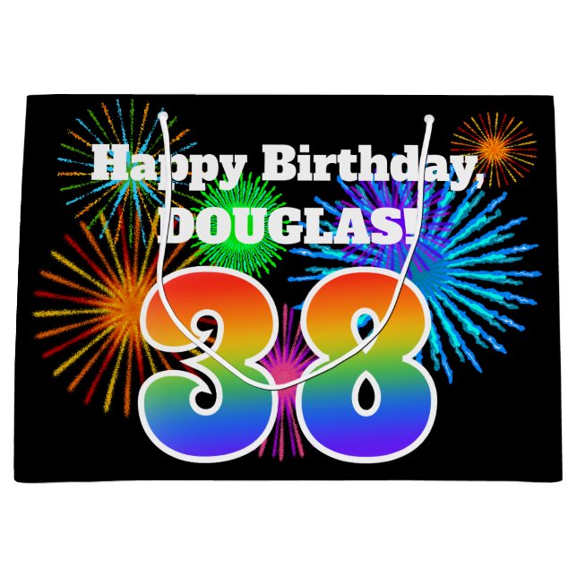 Fun Fireworks + Rainbow Pattern "38" Birthday # Large Gift Bag (Front)