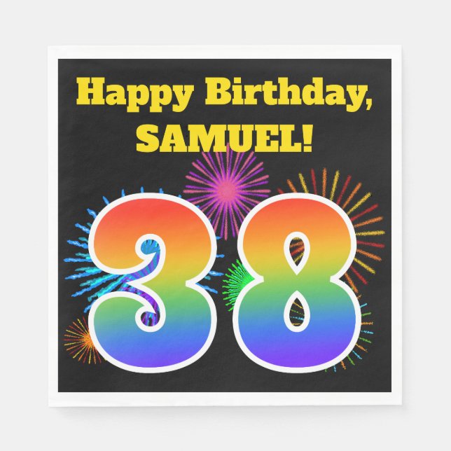 Fun Fireworks + Rainbow Pattern "38" Birthday # Napkins (Front)