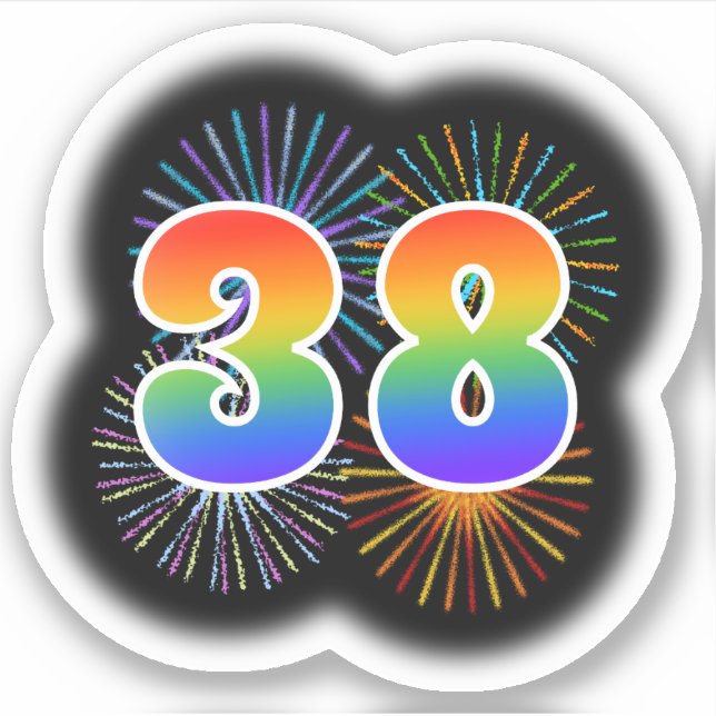 Fun Fireworks + Rainbow Pattern "38" Event # Sticker (Front)