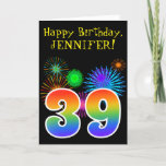 [ Thumbnail: Fun Fireworks + Rainbow Pattern "39" Birthday # Card ]