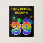 [ Thumbnail: Fun Fireworks + Rainbow Pattern "39" Birthday # Jigsaw Puzzle ]
