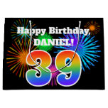 [ Thumbnail: Fun Fireworks + Rainbow Pattern "39" Birthday # Gift Bag ]