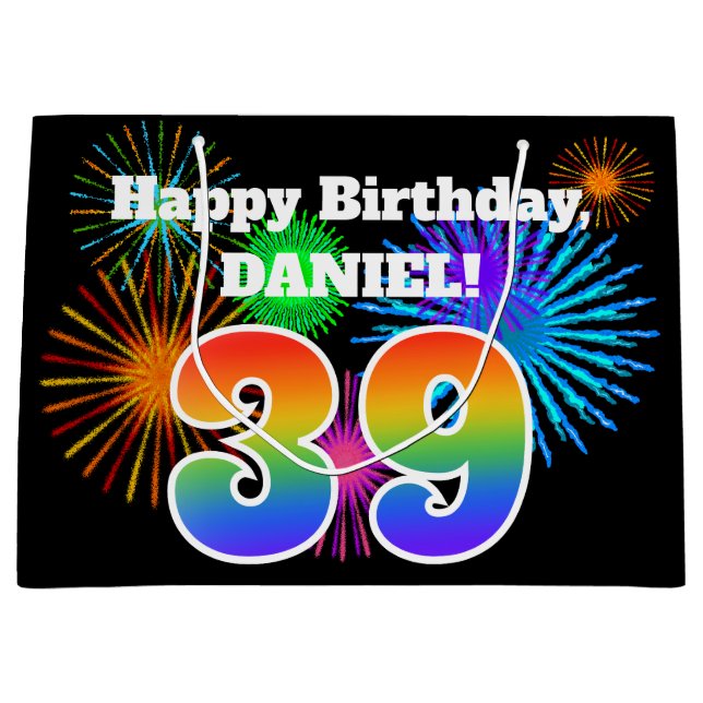 Fun Fireworks + Rainbow Pattern "39" Birthday # Large Gift Bag (Front)