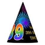 [ Thumbnail: Fun Fireworks + Rainbow Pattern "39" Birthday # Party Hat ]