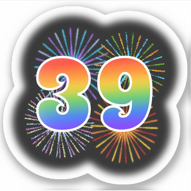 Fun Fireworks + Rainbow Pattern "39" Event # Sticker (Front)