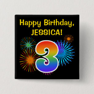 Fun Fireworks + Rainbow Pattern "3" Birthday # Button