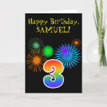[ Thumbnail: Fun Fireworks + Rainbow Pattern "3" Birthday # Card ]