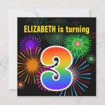 [ Thumbnail: Fun Fireworks + Rainbow Pattern "3" Birthday # Invitation ]