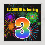 [ Thumbnail: Fun Fireworks + Rainbow Pattern "3" Birthday # Invitation ]