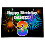 [ Thumbnail: Fun Fireworks + Rainbow Pattern "3" Birthday # Gift Bag ]