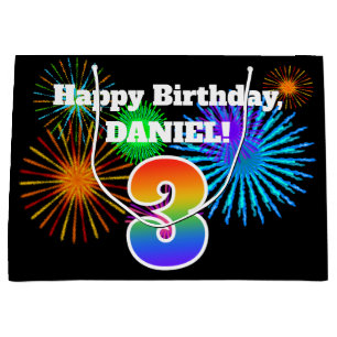Fun Fireworks + Rainbow Pattern "3" Birthday # Large Gift Bag
