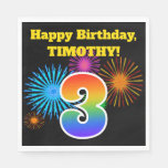 [ Thumbnail: Fun Fireworks + Rainbow Pattern "3" Birthday # Napkins ]