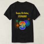 [ Thumbnail: Fun Fireworks + Rainbow Pattern "3" Birthday # T-Shirt ]