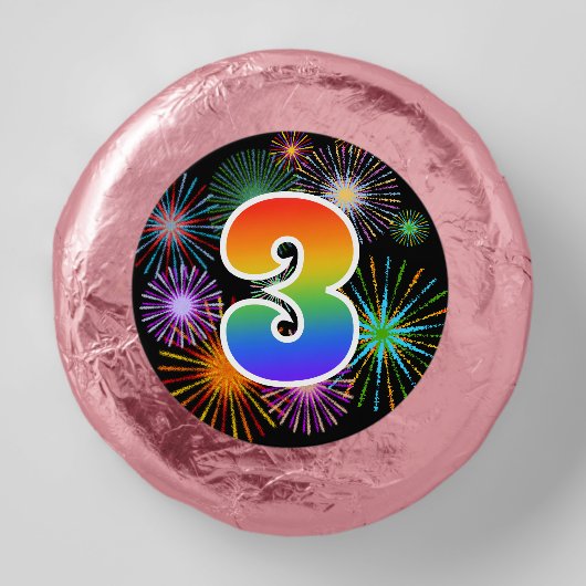 Fun Fireworks, Rainbow Pattern "3" Event # Dipped Oreo Cookie Favors (Front)