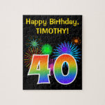 [ Thumbnail: Fun Fireworks + Rainbow Pattern "40" Birthday # Jigsaw Puzzle ]