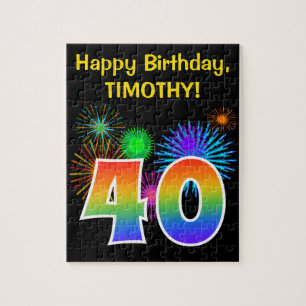 Fun Fireworks + Rainbow Pattern "40" Birthday # Jigsaw Puzzle