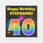 [ Thumbnail: Fun Fireworks + Rainbow Pattern "40" Birthday # Napkins ]