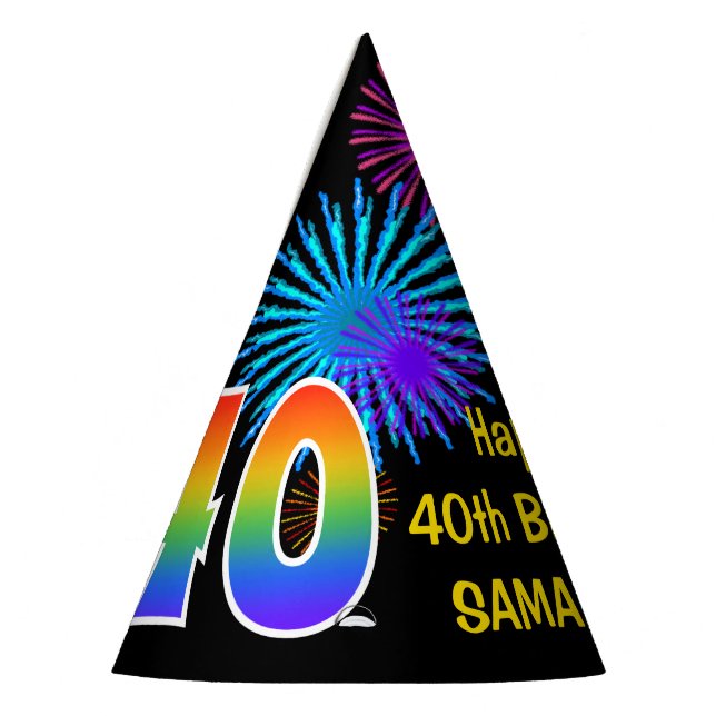 Fun Fireworks + Rainbow Pattern "40" Birthday # Party Hat (Left)