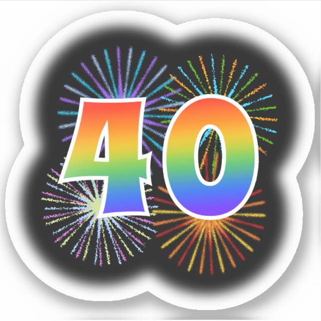 Fun Fireworks + Rainbow Pattern "40" Event # Sticker (Front)