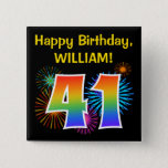 [ Thumbnail: Fun Fireworks + Rainbow Pattern "41" Birthday # Button ]