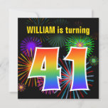 [ Thumbnail: Fun Fireworks + Rainbow Pattern "41" Birthday # Invitation ]