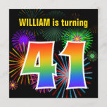 [ Thumbnail: Fun Fireworks + Rainbow Pattern "41" Birthday # Invitation ]