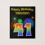 [ Thumbnail: Fun Fireworks + Rainbow Pattern "41" Birthday # Jigsaw Puzzle ]