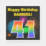 [ Thumbnail: Fun Fireworks + Rainbow Pattern "41" Birthday # Napkins ]